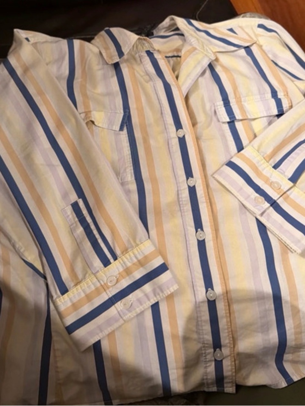 Geoffrey Beene Vertical Striped Button-Down in Blue and Cream with Tan